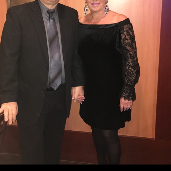 WHBM Black Velvet Mini  Dress with Lace Sleeves worn once - Picture 2 of 14